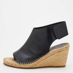 Celine Black Leather Open Toe Espadrilles Wedge Sandals Size 39