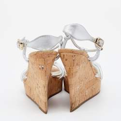 Pre Owned Céline Metallic Silver Leather Strappy Cork Wedge Platform Sandals Size 38