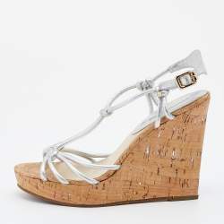 Pre Owned Céline Metallic Silver Leather Strappy Cork Wedge Platform Sandals Size 38