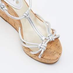 Pre Owned Céline Metallic Silver Leather Strappy Cork Wedge Platform Sandals Size 38