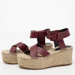 Pre Owned Celine Burgundy Leather Criss Cross Wedge Espadrille Platform Sandals Size 40