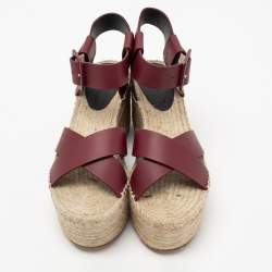 Pre Owned Celine Burgundy Leather Criss Cross Wedge Espadrille Platform Sandals Size 40