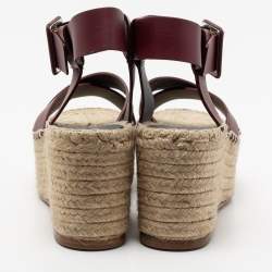 Pre Owned Celine Burgundy Leather Criss Cross Wedge Espadrille Platform Sandals Size 40