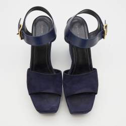 Celine Navy Blue Suede And Leather Platform Block Heel Ankle Strap Sandals Size 38