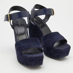 Celine Navy Blue Suede And Leather Platform Block Heel Ankle Strap Sandals Size 38