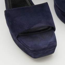 Celine Navy Blue Suede And Leather Platform Block Heel Ankle Strap Sandals Size 38