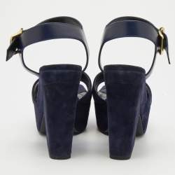 Celine Navy Blue Suede And Leather Platform Block Heel Ankle Strap Sandals Size 38