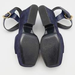 Celine Navy Blue Suede And Leather Platform Block Heel Ankle Strap Sandals Size 38