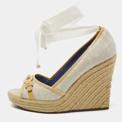 Celine Light Grey Fabric Espadrille Wedge Ankle Tie Sandals Size 39