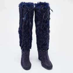 Pre Owned Celine Blue Fur and Suede Knee Length Boots Size 38