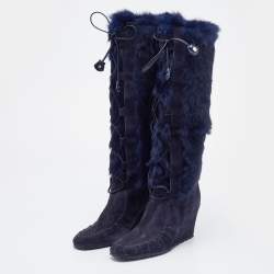 Pre Owned Celine Blue Fur and Suede Knee Length Boots Size 38