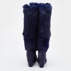 Pre Owned Celine Blue Fur and Suede Knee Length Boots Size 38