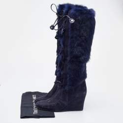Pre Owned Celine Blue Fur and Suede Knee Length Boots Size 38