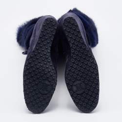 Pre Owned Celine Blue Fur and Suede Knee Length Boots Size 38