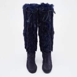 Pre Owned Celine Blue Fur and Suede Knee Length Boots Size 38