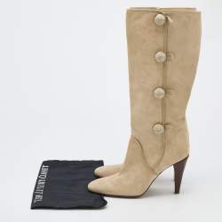 Pre Owned Celine Beige Suede Side Button Detail Knee Length Boots Size 39