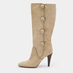 Pre Owned Celine Beige Suede Side Button Detail Knee Length Boots Size 39