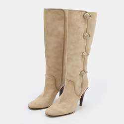 Pre Owned Celine Beige Suede Side Button Detail Knee Length Boots Size 39