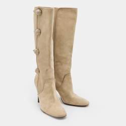 Pre Owned Celine Beige Suede Side Button Detail Knee Length Boots Size 39
