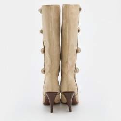 Pre Owned Celine Beige Suede Side Button Detail Knee Length Boots Size 39