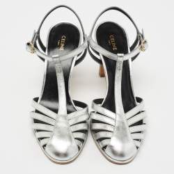 Pre Owned Celine Silver Leather Ankle Strap Pumps Size 36