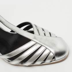 Pre Owned Celine Silver Leather Ankle Strap Pumps Size 36