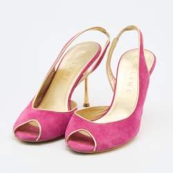 مملوكة مسبقًا Celine Pink/Gold Suede and Leather Peep Toe Slingback D'Orsay Pumps Size 37