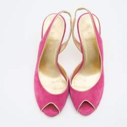 مملوكة مسبقًا Celine Pink/Gold Suede and Leather Peep Toe Slingback D'Orsay Pumps Size 37