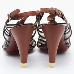 Celine Brown Leather and PVC Caged Studded Ankle Strap Sandals Size 37.5