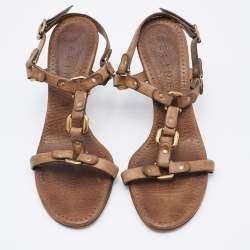 Pre Owned Celine Two Tone Brown Leather T-Strap Sandals Size 37