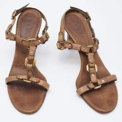 Pre Owned Celine Two Tone Brown Leather T-Strap Sandals Size 37