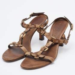 Pre Owned Celine Two Tone Brown Leather T-Strap Sandals Size 37
