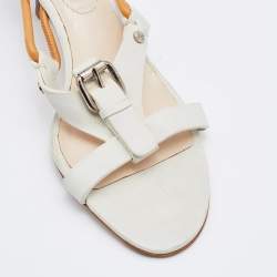Pre Owned Celine White Leather Buckle Detail Strappy Slide Sandals Size 37.5