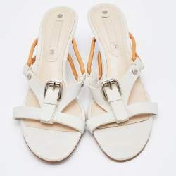 Pre Owned Celine White Leather Buckle Detail Strappy Slide Sandals Size 37.5