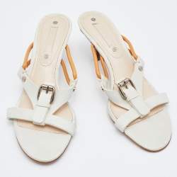 Pre Owned Celine White Leather Buckle Detail Strappy Slide Sandals Size 37.5