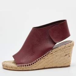 Pre Owned Celine Burgundy Leather Espadrille Wedge Sandals Size 39