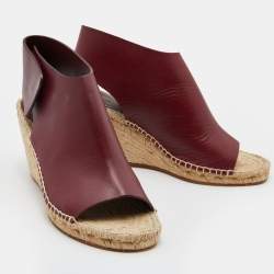 Pre Owned Celine Burgundy Leather Espadrille Wedge Sandals Size 39