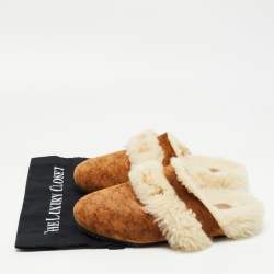 Pre Owned Celine Brown Printed Suede and Shearling Fur Triomphe Flat Mules Size 39.5