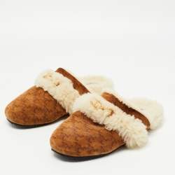 Pre Owned Celine Brown Printed Suede and Shearling Fur Triomphe Flat Mules Size 39.5