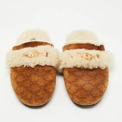 Pre Owned Celine Brown Printed Suede and Shearling Fur Triomphe Flat Mules Size 39.5