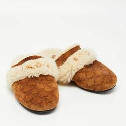 Pre Owned Celine Brown Printed Suede and Shearling Fur Triomphe Flat Mules Size 39.5