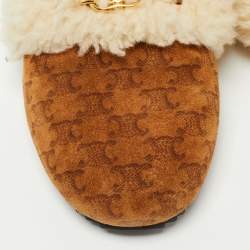 Pre Owned Celine Brown Printed Suede and Shearling Fur Triomphe Flat Mules Size 39.5