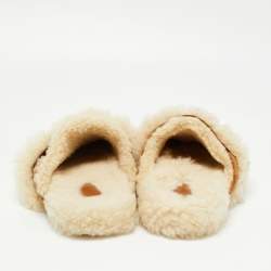 Pre Owned Celine Brown Printed Suede and Shearling Fur Triomphe Flat Mules Size 39.5