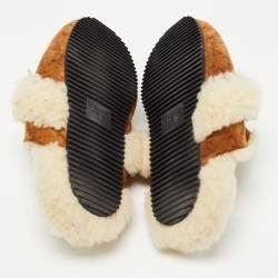 Pre Owned Celine Brown Printed Suede and Shearling Fur Triomphe Flat Mules Size 39.5