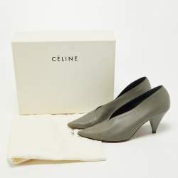 Pre Owned Celine Grey Leather V Neck Pointed Toe Pumps Size 36.5 