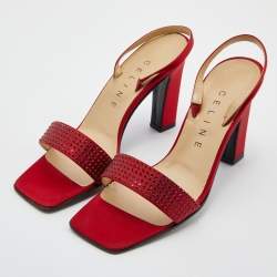 Celine Red Satin Crystal Embellished Slingback Sandals Size 37