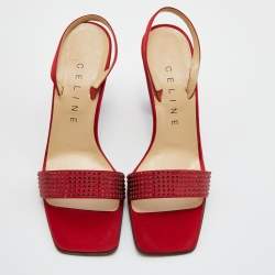 Celine Red Satin Crystal Embellished Slingback Sandals Size 37