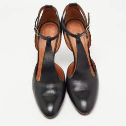 Pre Owned Celine Black Leather T-Strap Pumps Size 38