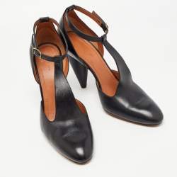 Pre Owned Celine Black Leather T-Strap Pumps Size 38