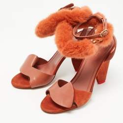 Pre Owned Cèline Orange Leather and Mink Fur Bracelet Peep Toe Sandals Size 38.5